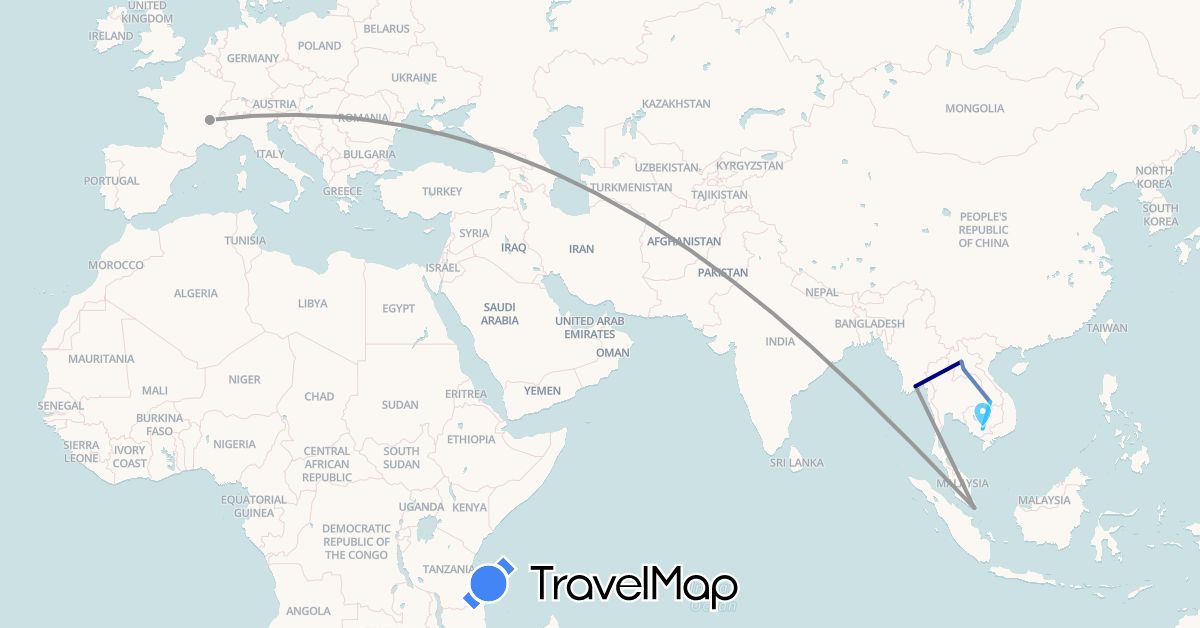 TravelMap itinerary: driving, plane, cycling, boat in France, Cambodia, Laos, Myanmar (Burma), Singapore (Asia, Europe)